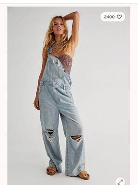 We The Free Light Blue Distressed Wide-Leg Denim Overalls